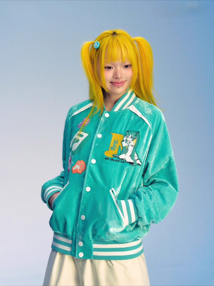 Official Licensed Hatsune Miku Velvet Varsity Jacket – Music Note Design, Hip-Hop Short Jacket