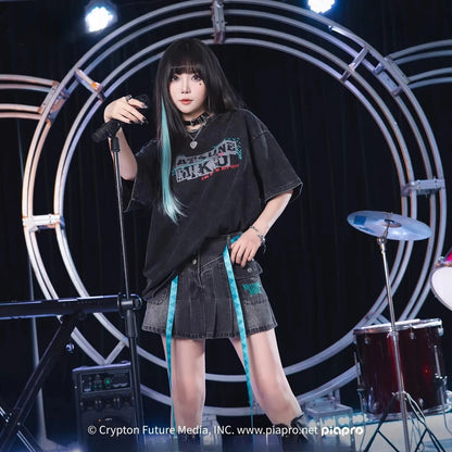 Official Hatsune Miku Rock Future Heavyweight Washed Vintage T-Shirt, Loose-Fit Short Sleeve Top