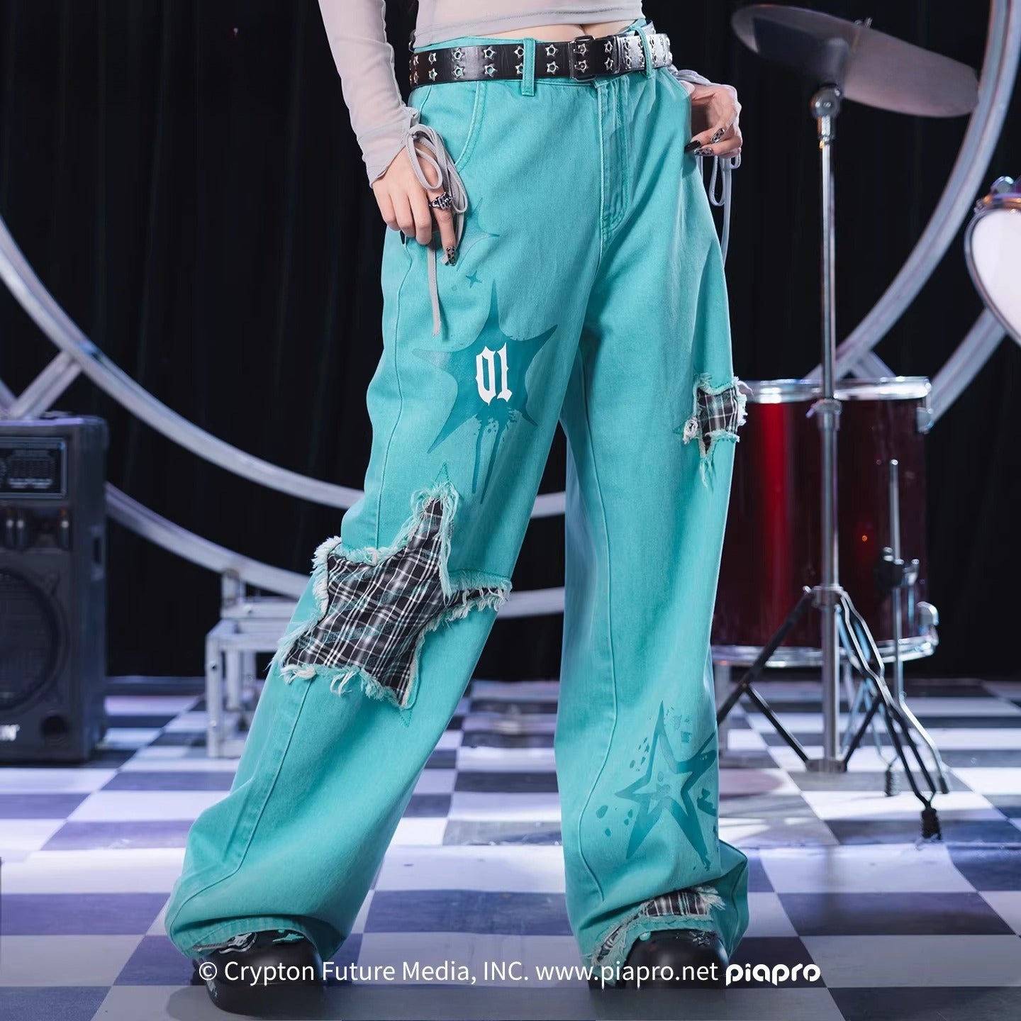 [Pre-Order, Ships Within 60 Days] Official Hatsune Miku Rock Future Punk Distressed Printed Wide-Leg Jeans for Women