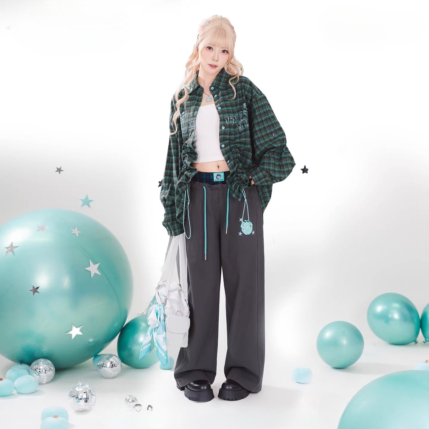 Official Hatsune Miku Y2K Double Waist Sweatpants – Women’s Loose Curved Wide Leg Joggers