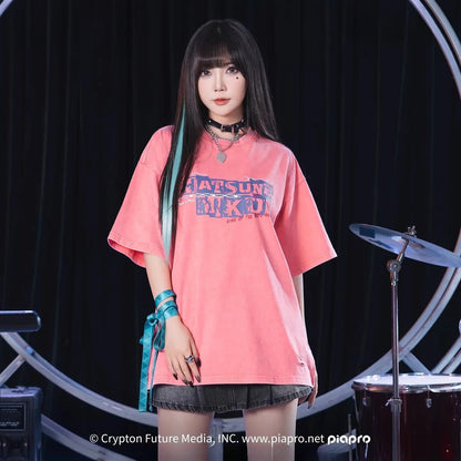 Official Hatsune Miku Rock Future Heavyweight Washed Vintage T-Shirt, Loose-Fit Short Sleeve Top