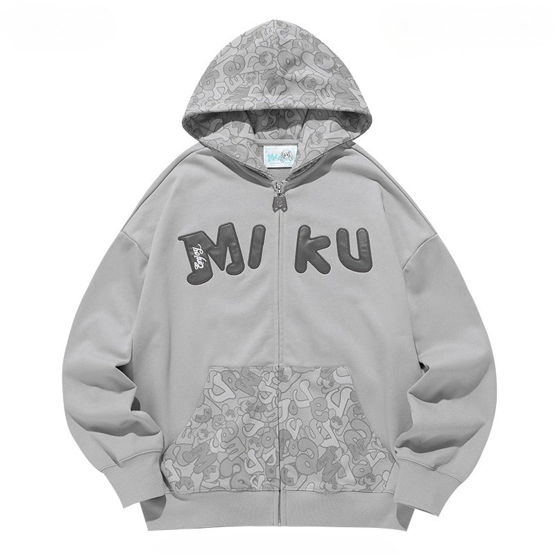 Official Licensed Hatsune Miku Patchwork Camo Zip-Up Hoodie – Lightweight Spring/Fall Jacket