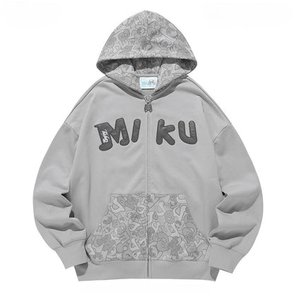 Official Licensed Hatsune Miku Patchwork Camo Zip-Up Hoodie – Lightweight Spring/Fall Jacket