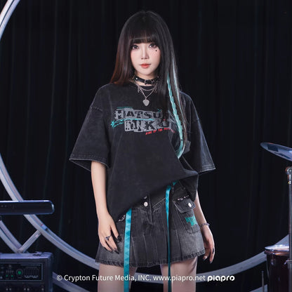 Official Hatsune Miku Rock Future Heavyweight Washed Vintage T-Shirt, Loose-Fit Short Sleeve Top