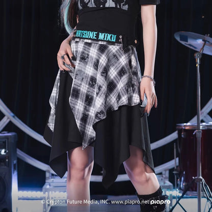 Official Hatsune Miku Rock Future Plaid Patchwork Asymmetrical High-Waisted Mini Skirt for Women