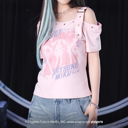 Official Hatsune Miku Rock Future Vintage One-Shoulder Cami Short Sleeve Top, Loose-Fit Summer Shirt
