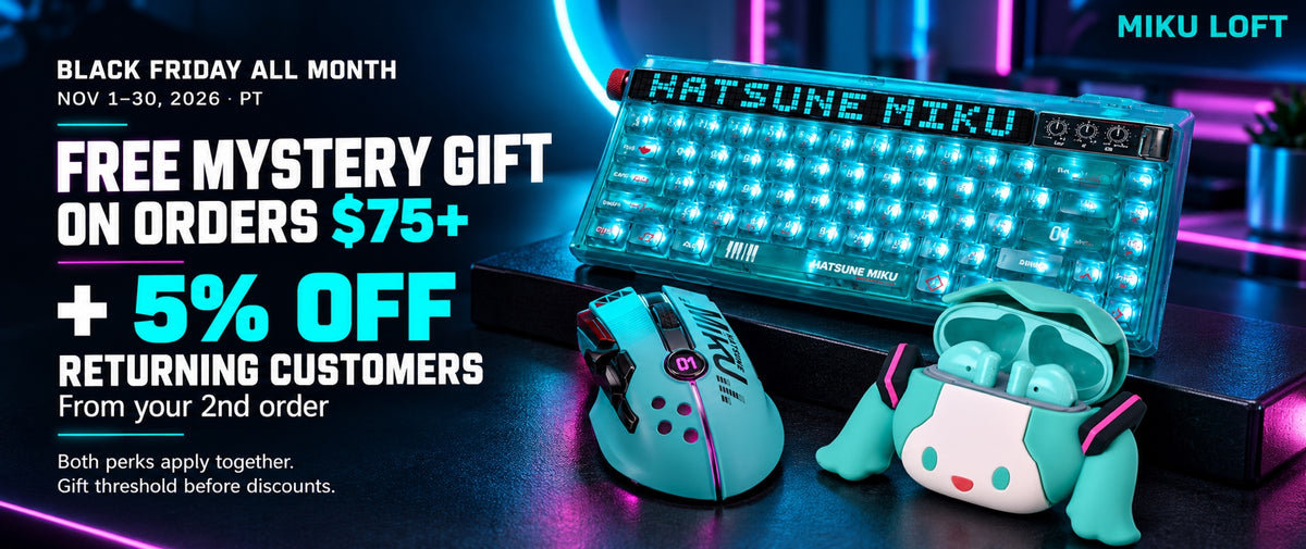 Miku Loft Black Friday, Nov 1–30, 2026 PT. Free mystery gift on orders $75+ before discounts; returning customers get 5% off from their second order. Both perks apply together. 01-tech desktop