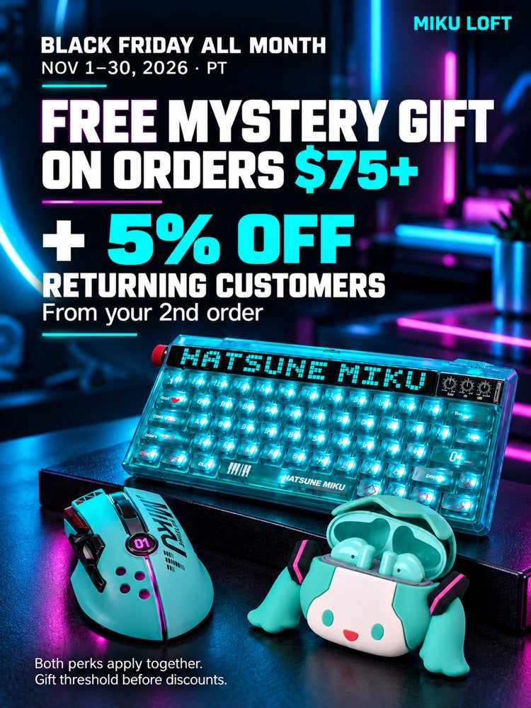 Miku Loft Black Friday, Nov 1–30, 2026 PT. Free mystery gift on orders $75+ before discounts; returning customers get 5% off from their second order. Both perks apply together. 01-tech mobile