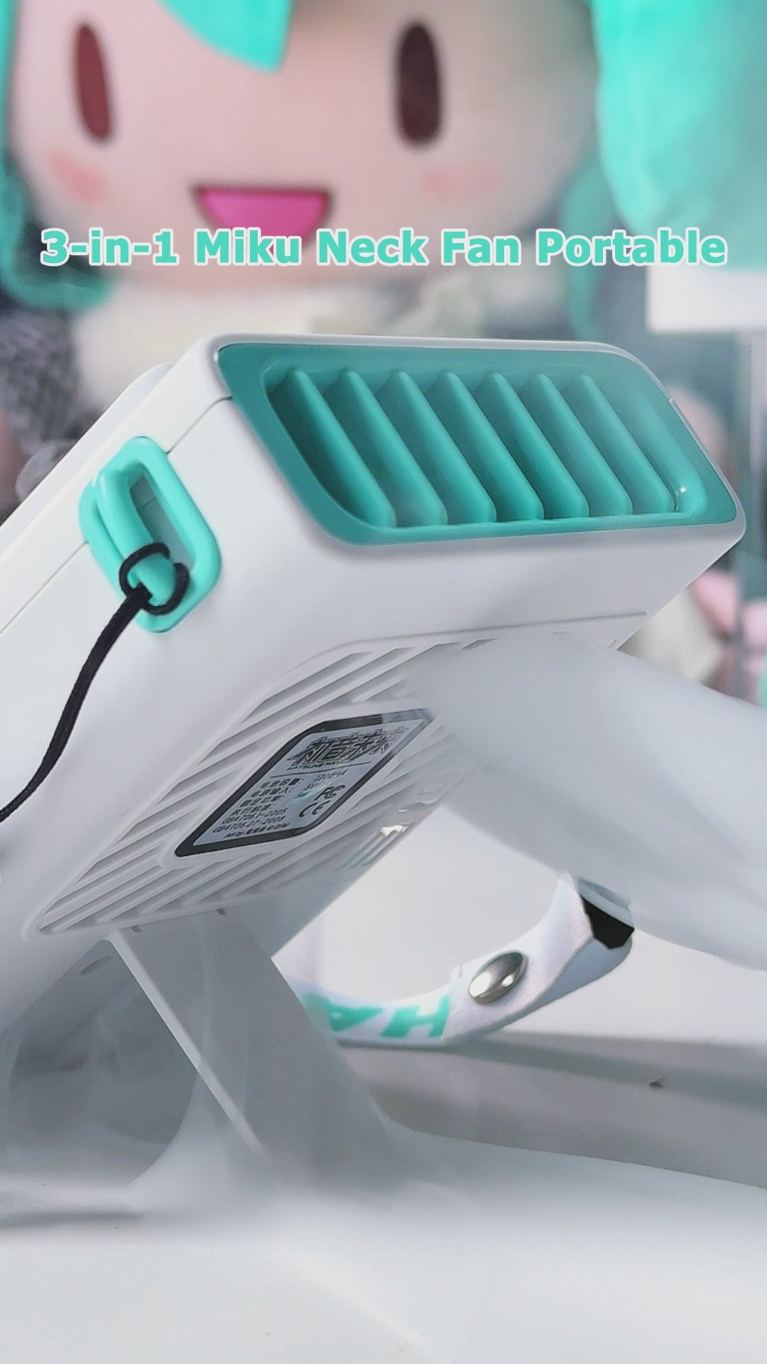 Officially Licensed Hatsune Miku Mini Portable Fan – Cute Neck-Hanging USB Rechargeable with Stand